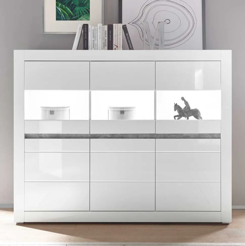 6-türiges Highboard in Weiß Hochglanz Mextra & Beton Dekor