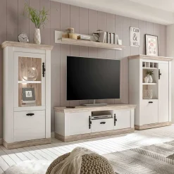 TV Anbauwand im Scandi Landhaus Stil Nedita in Weiß & Shabby Pinie Dekor (vierteilig)