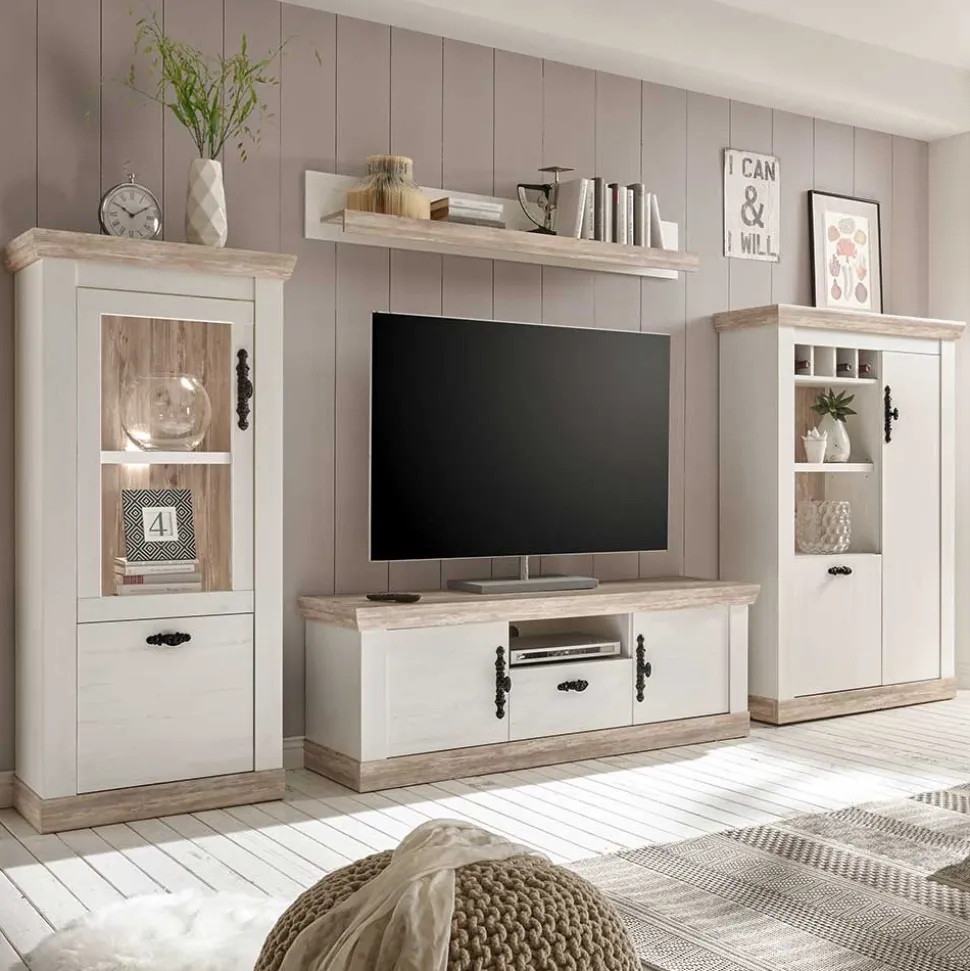 TV Anbauwand im Scandi Landhaus Stil Nedita in Weiß & Shabby Pinie Dekor (vierteilig)