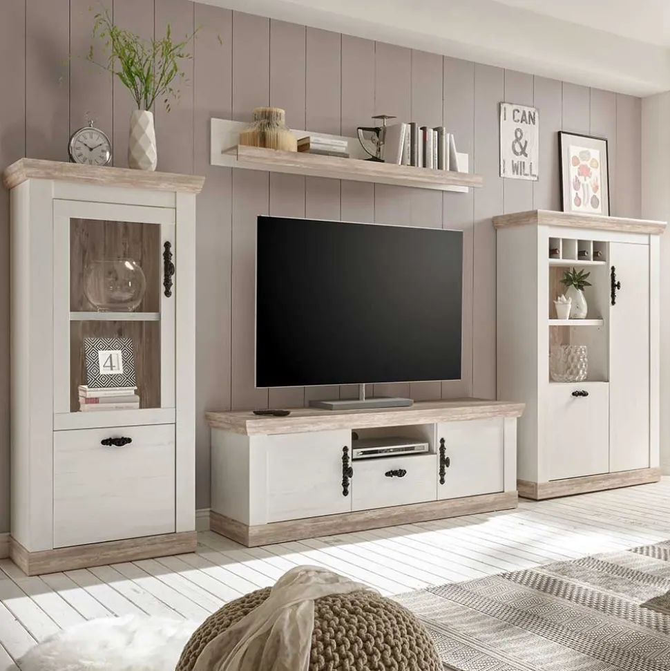 TV Anbauwand im Scandi Landhaus Stil Nedita in Weiß & Shabby Pinie Dekor (vierteilig)