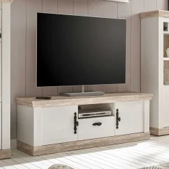 TV Anbauwand im Scandi Landhaus Stil Nedita in Weiß & Shabby Pinie Dekor (vierteilig)
