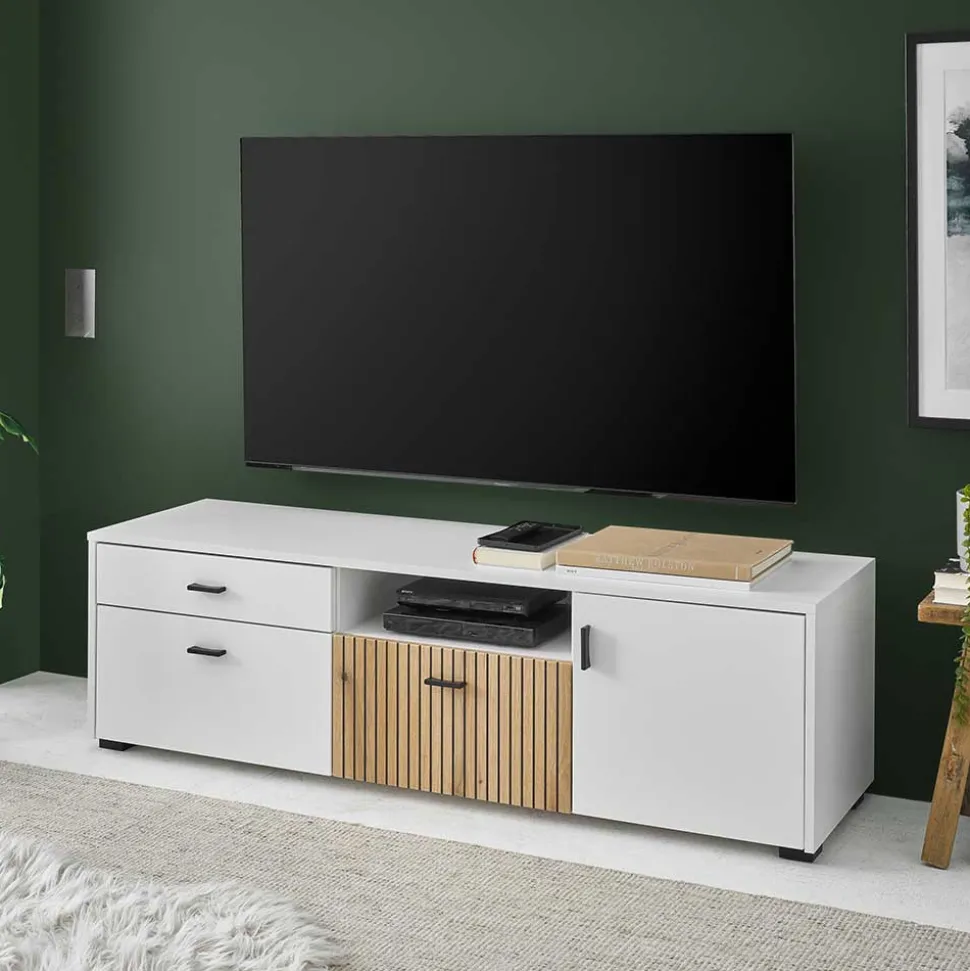 TV Board in Mattweiß mit Wildeiche - Nenaloro