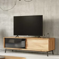 TV Board mit Schiebetüren aus getöntem Glas & Eiche - Fabiella