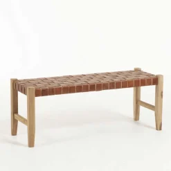 Urige Holzbank mit Leder Geflecht Sitz - Crespa (2er Set)