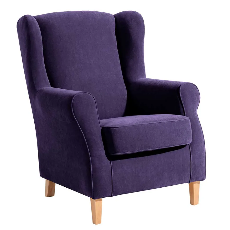 Velours-Ohrensessel in Violett mit Buche - Antonia