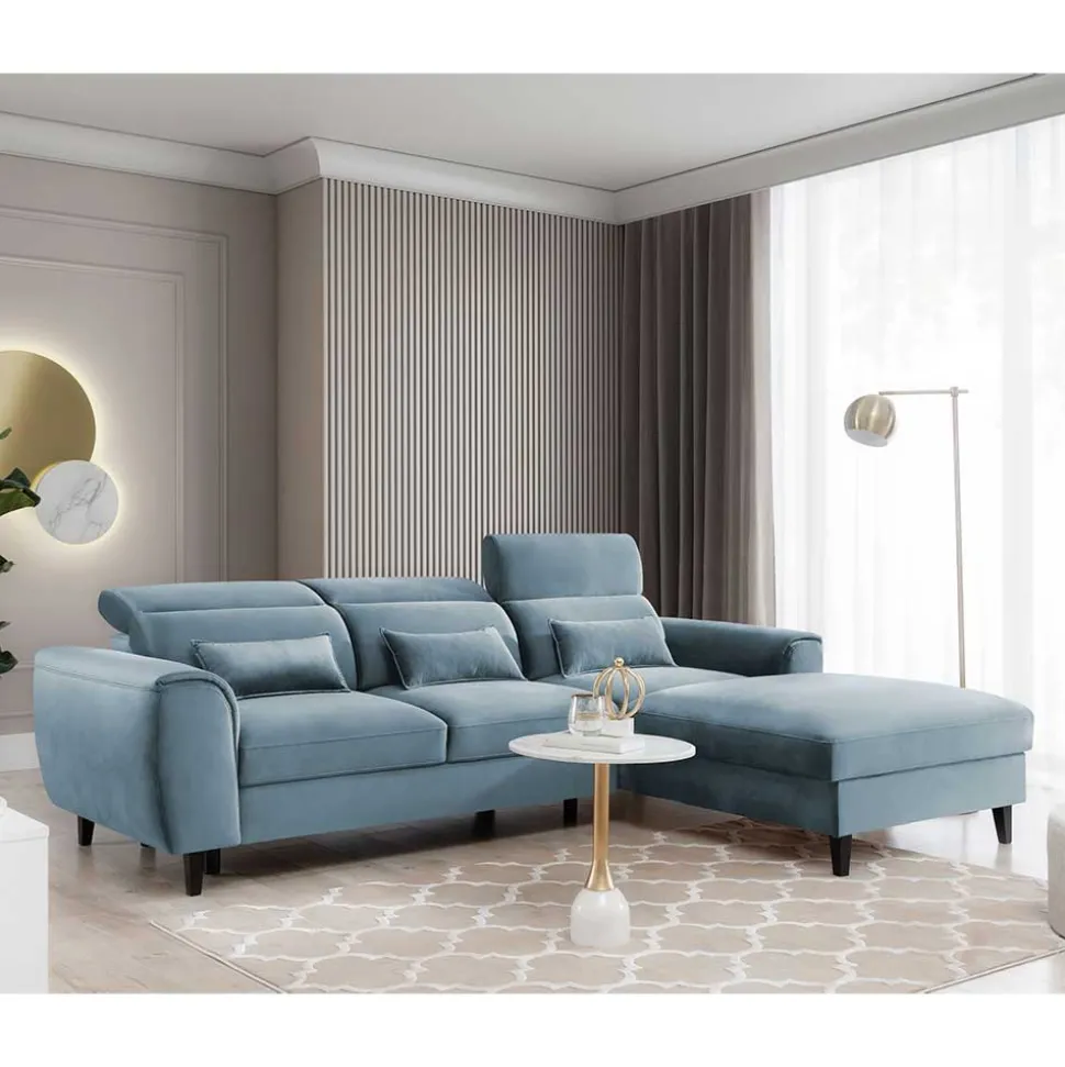 Viersitzer Ecksofa in Hellblau - matter Samt - Memphis
