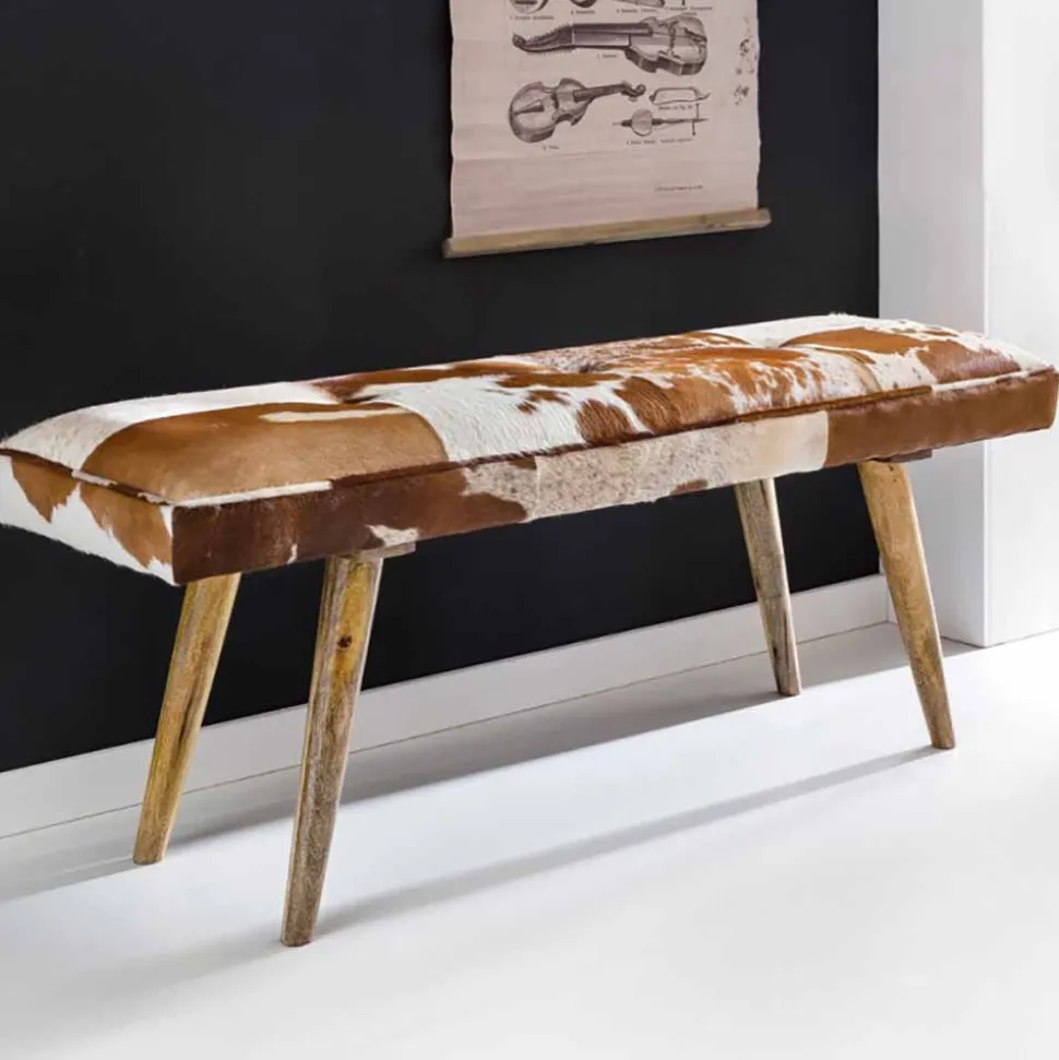 Vintage Landhaus Bank Ilusiana mit Fell Leder Holz 120cm