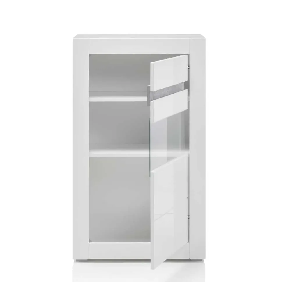 Vitrine in Hochglanz Weiß Mextra mit Beton Dekor Absetzung