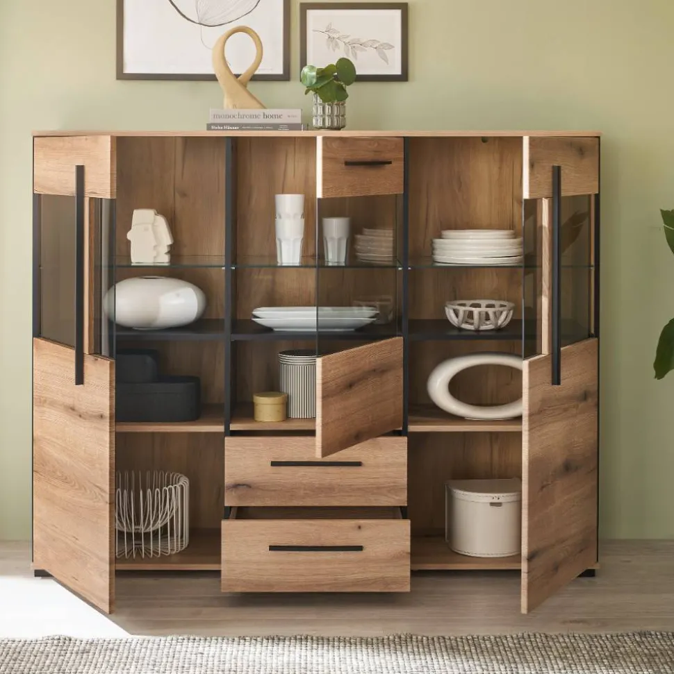 Vitrinen-Highboard in Eiche Holzoptik - Brocus