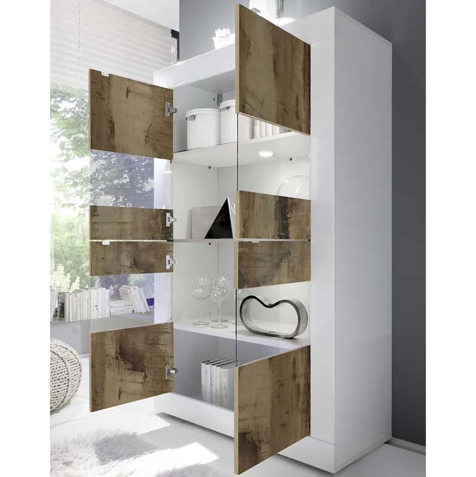 Vitrinenschrank in Holz verwittert & Weiß HG - Olvenion