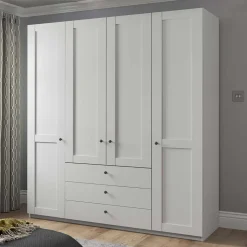 Weißer Schlafzimmerschrank 4-türig & 3 Schubladen - Flinn I
