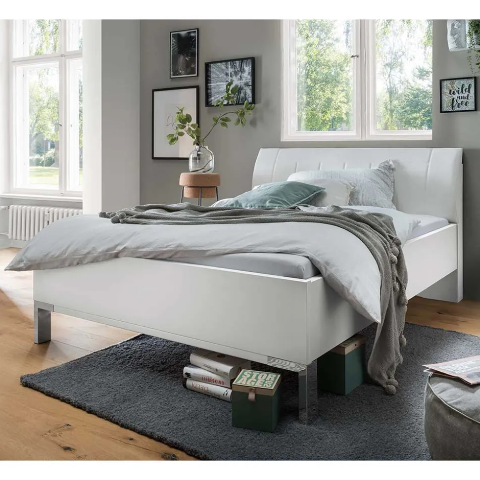 Weißes Bett mit Kunstleder-Kopfteil - Rocca
