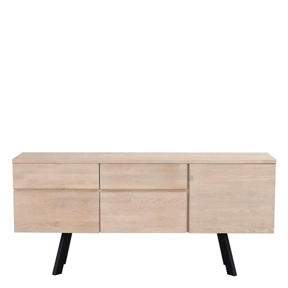 White Wash Sideboard aus Eiche massiv Pulva mit Stahl Schwarz