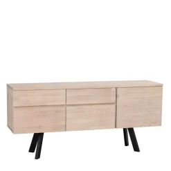 White Wash Sideboard aus Eiche massiv Pulva mit Stahl Schwarz