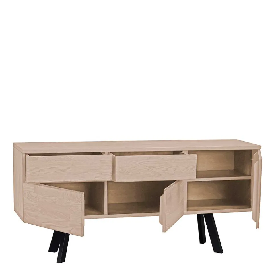 White Wash Sideboard aus Eiche massiv Pulva mit Stahl Schwarz