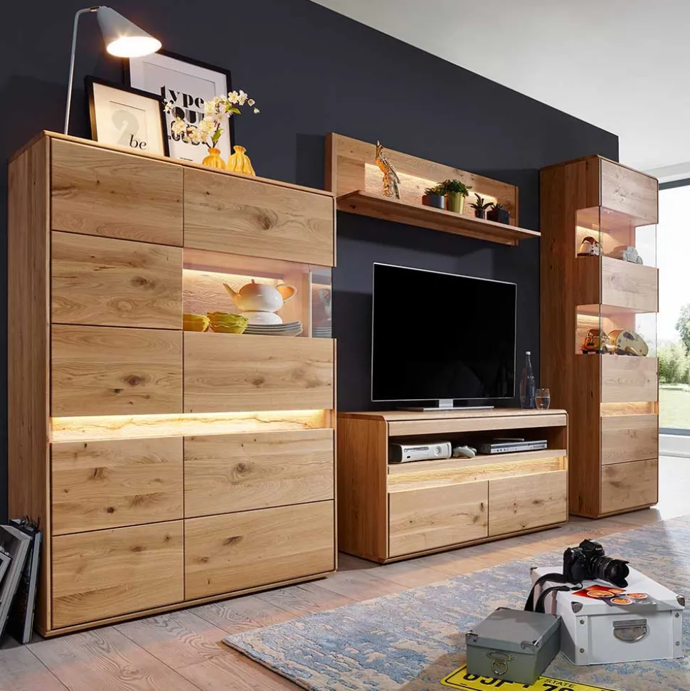 Wildeiche Wohnzimmer Möbel Wohnwand - Acmida (vierteilig)