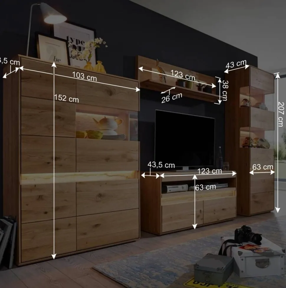 Wildeiche Wohnzimmer Möbel Wohnwand - Acmida (vierteilig)