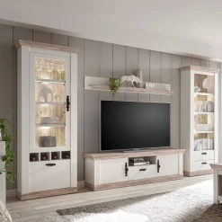 Wohnkombination mit TV Element im Landhaus Stil Nedita in Weiß Pinie (vierteilig)