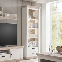 Wohnkombination mit TV Element im Landhaus Stil Nedita in Weiß Pinie (vierteilig)