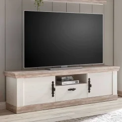 Wohnkombination mit TV Element im Landhaus Stil Nedita in Weiß Pinie (vierteilig)