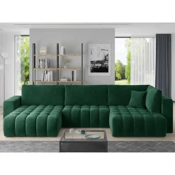 Wohnzimmer Bettcouch in Dunkelgrün - U-Form - Domago