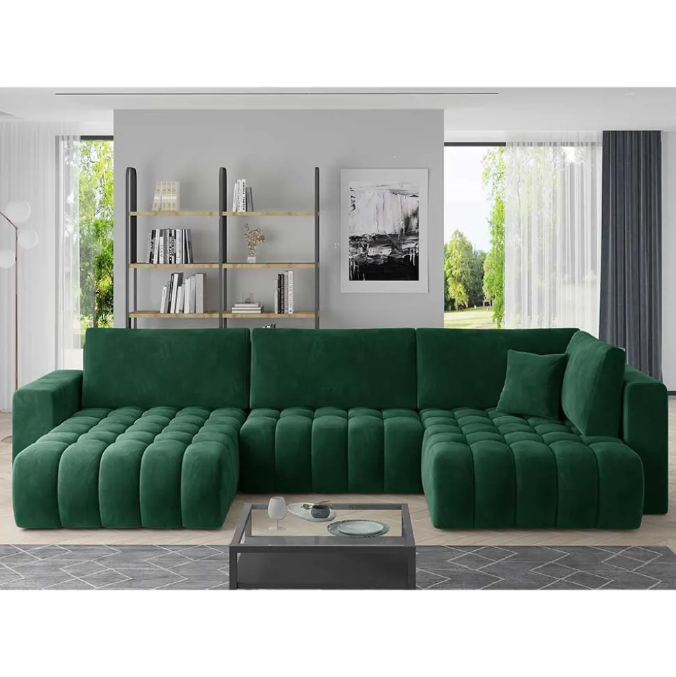Wohnzimmer Bettcouch in Dunkelgrün - U-Form - Domago