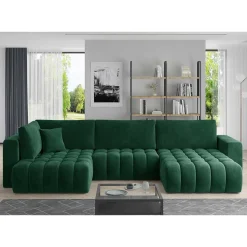 Wohnzimmer Bettcouch in Dunkelgrün - U-Form - Domago