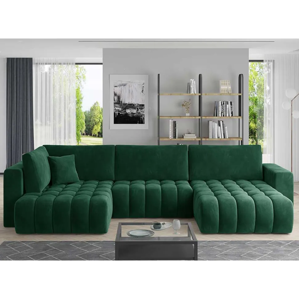 Wohnzimmer Bettcouch in Dunkelgrün - U-Form - Domago