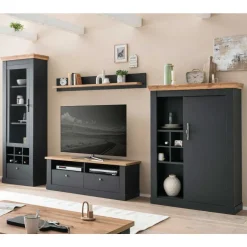 Wohnzimmer TV Wohnwand in Grau mit Wildeiche - Lionel (vierteilig)