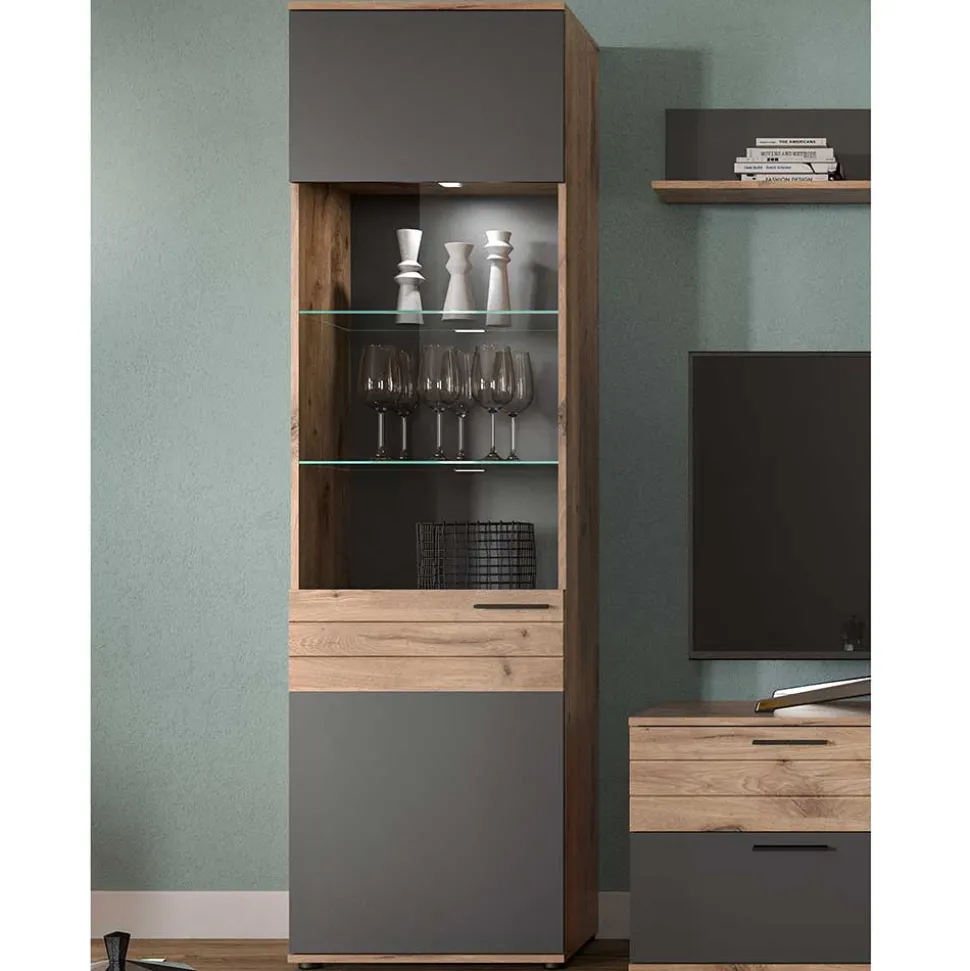 Wohnzimmer Vitrinenschrank in der Größe 57x200x37 cm - Lucios