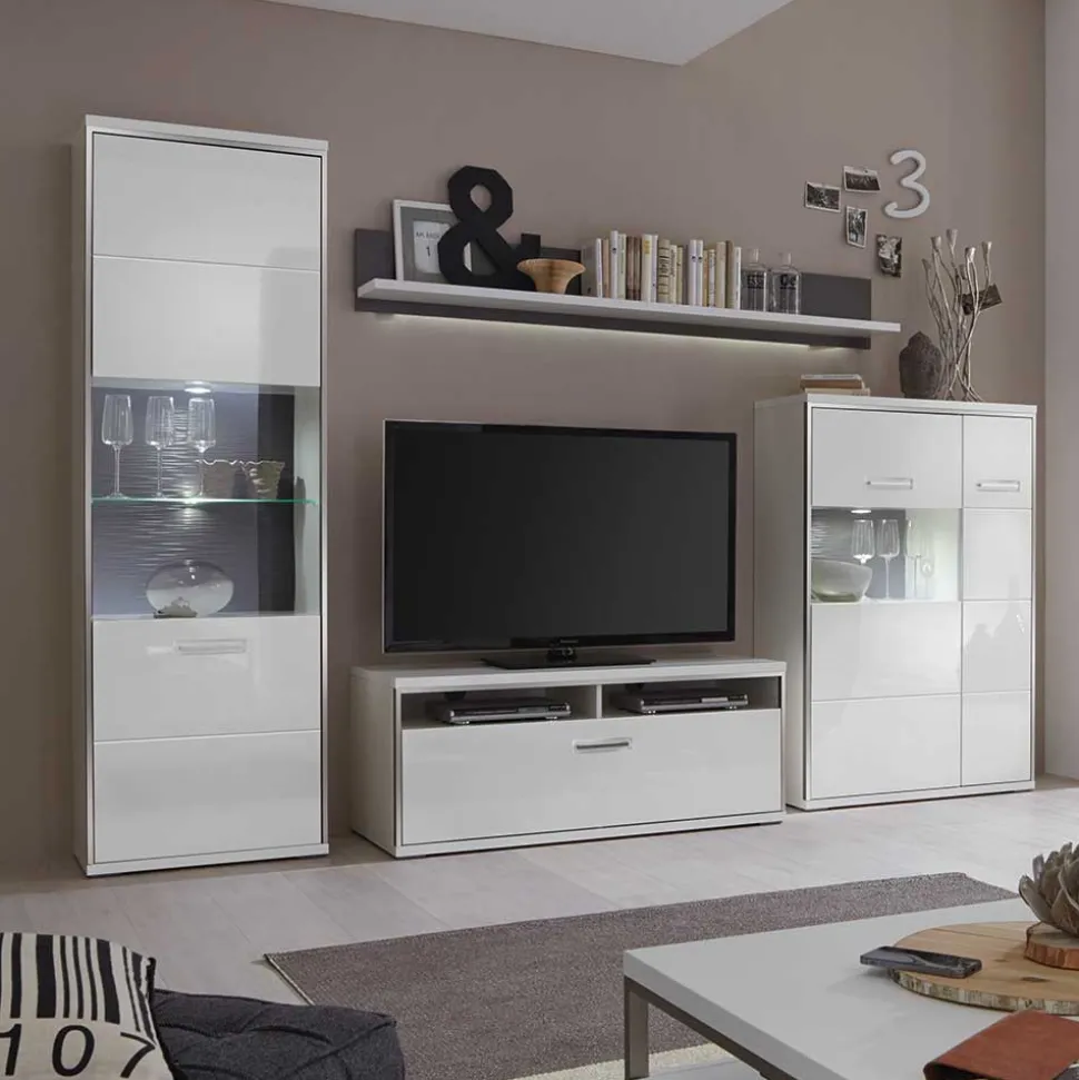 Wohnzimmer Wohnwand Tacroma in Hochglanz Weiß (vierteilig)