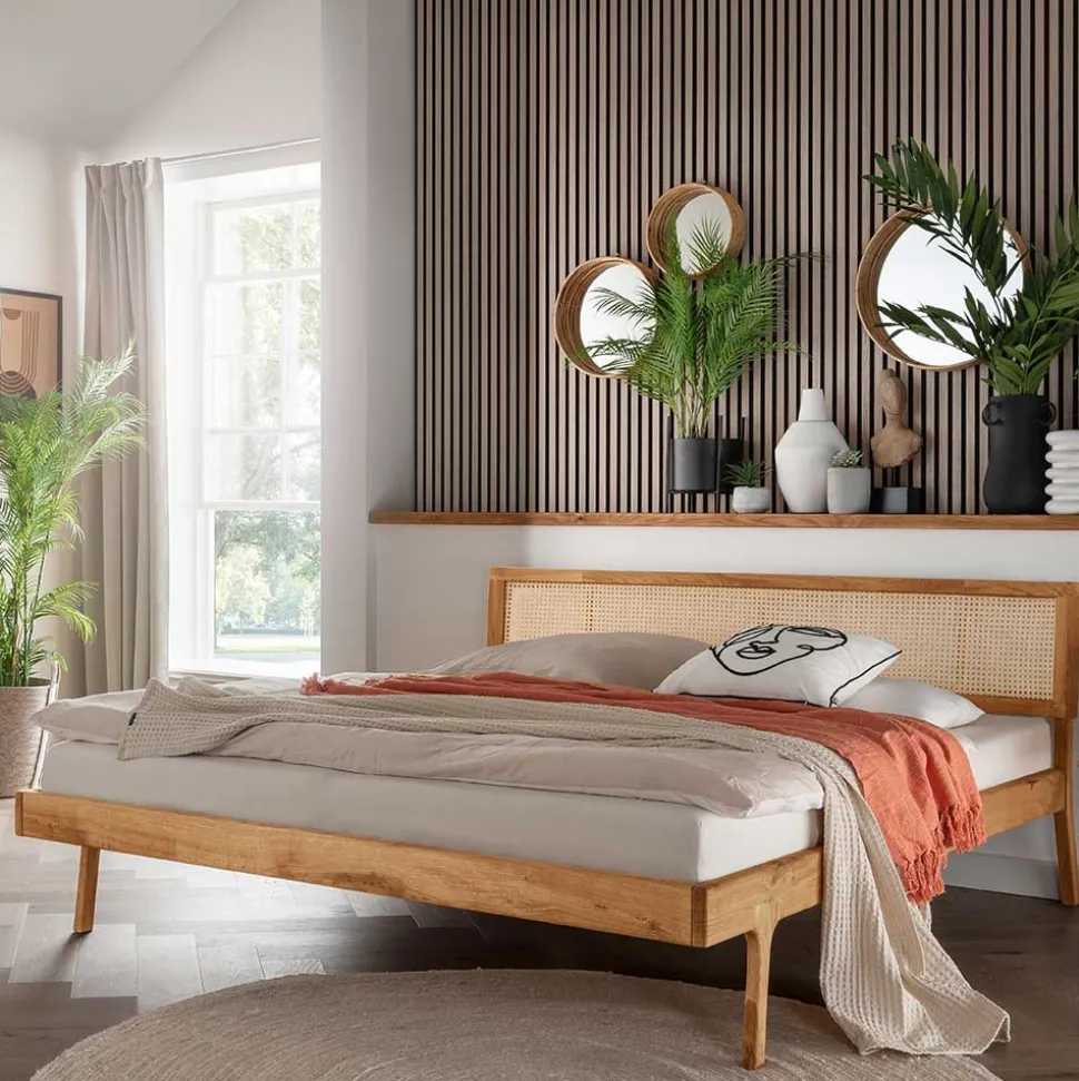 140x200 Holzbett aus Wildeiche mit Rattan - Ambrosso