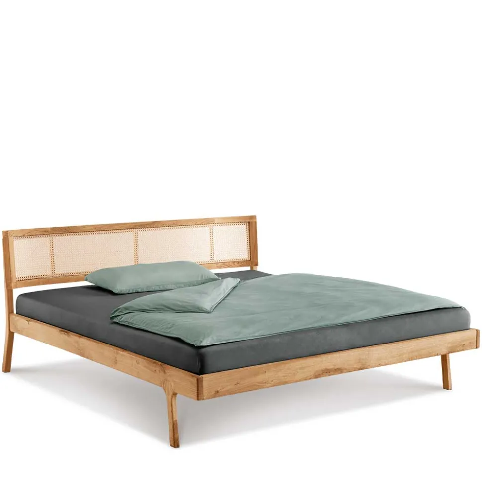 140x200 Holzbett aus Wildeiche mit Rattan - Ambrosso