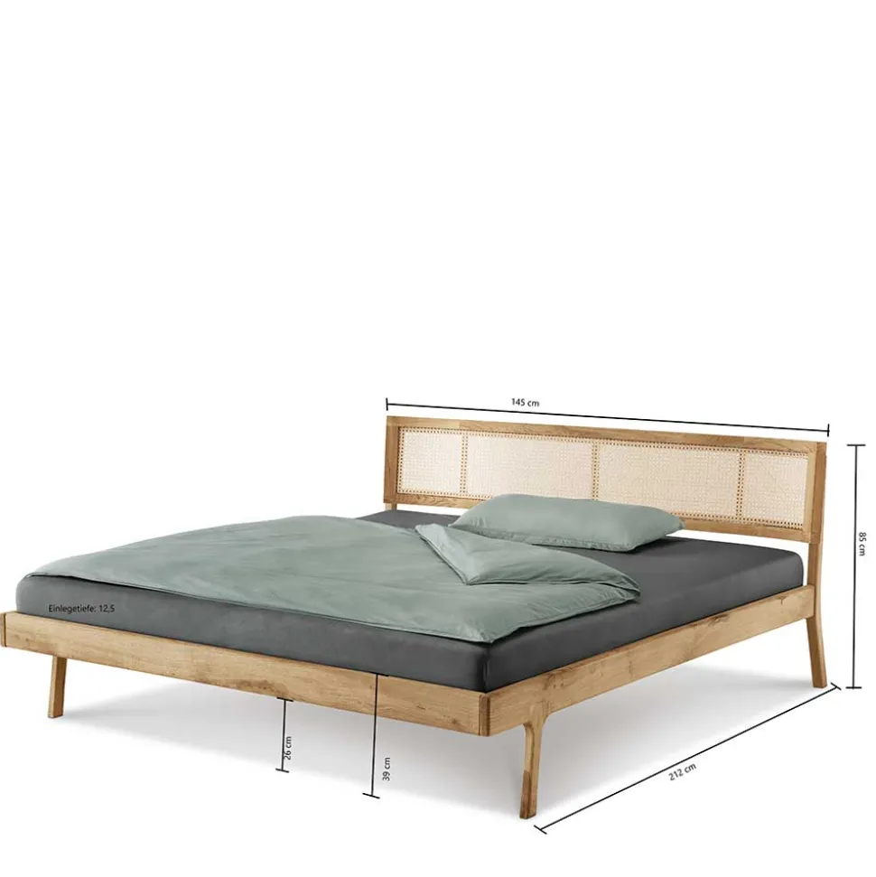 140x200 Holzbett aus Wildeiche mit Rattan - Ambrosso