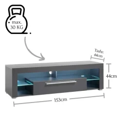 153x44x44 cm Graues TV Board mit Klappe & Glasböden - Due