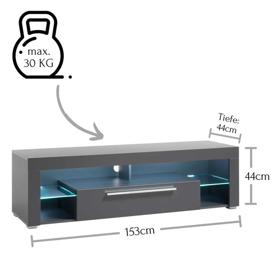 153x44x44 cm Graues TV Board mit Klappe & Glasböden - Due