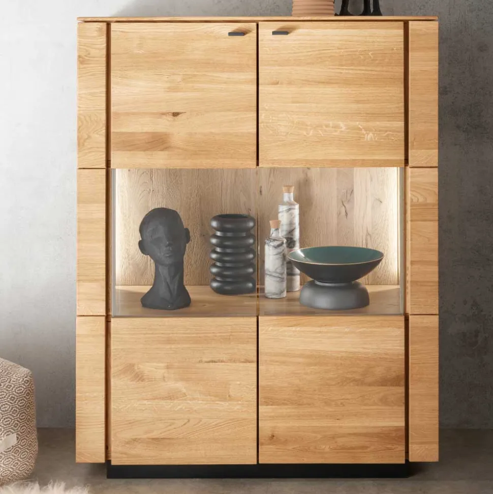 99x127x42 cm Wildeiche Highboard mit Rauchglas Einsätzen - Cibao