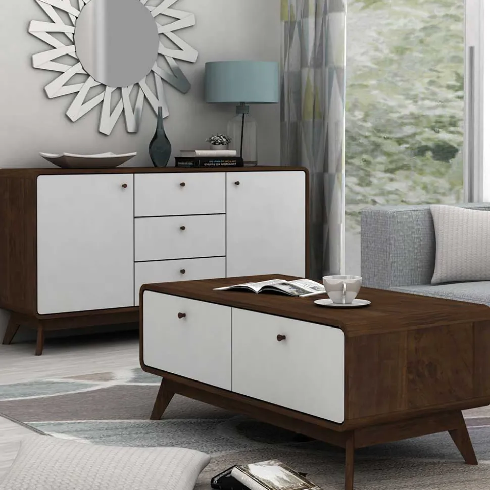 140x76x39 Design Sideboard in Weiß & Walnuss - Devkan