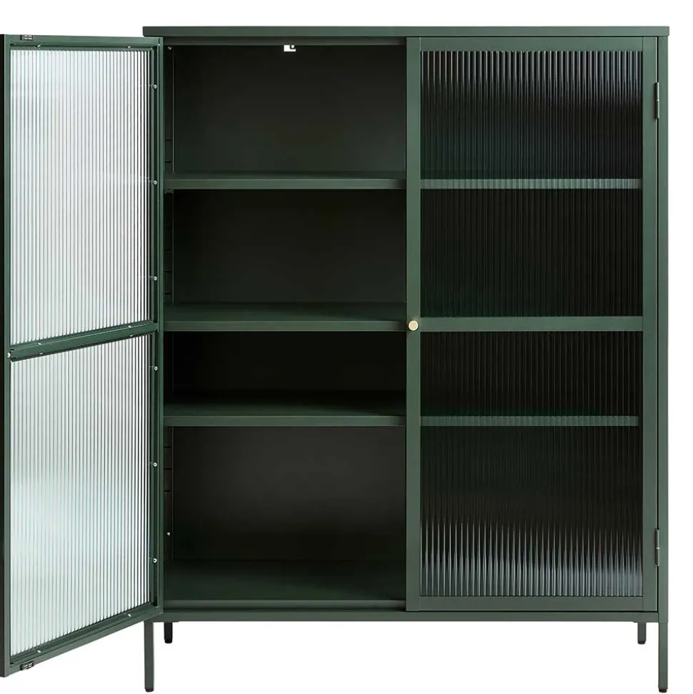 110x140x40 Dunkelgrüne Highboard Vitrine aus Stahl - Estellos