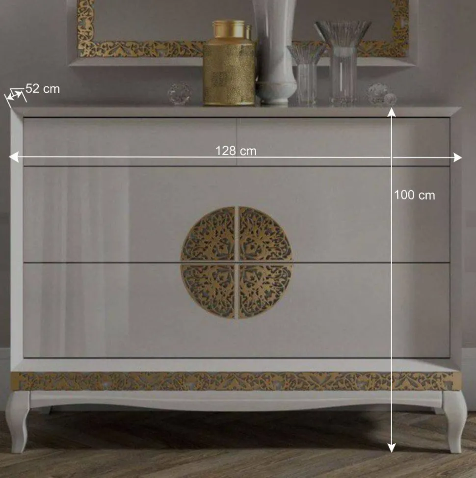 128x100x52 Italienische Kommode in Weiß & Gold - Valganios