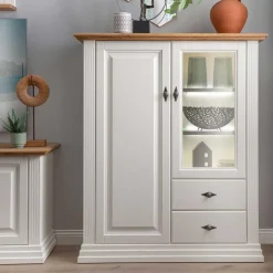 113x134x45 Landhaus Highboard mit Glas-Einsatz - Henry