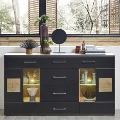 170x93x40 Sideboard mit Glas in Schwarz & Wildeiche - Kandu