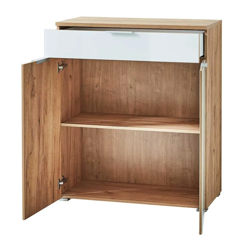 89x105x40 Vertiko in Weiß Glas & Eiche - Reestyl