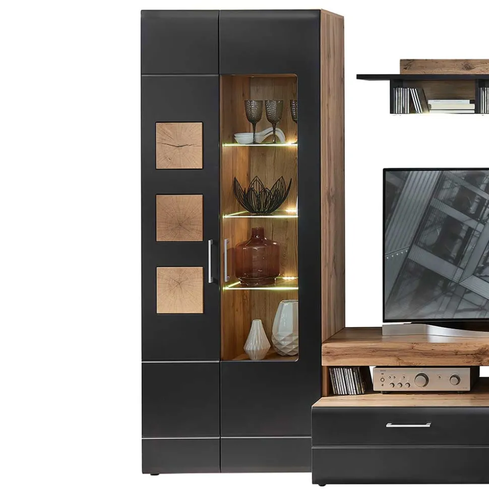 80x208x37 Vitrine in Schwarz & Wildeiche - Kandu