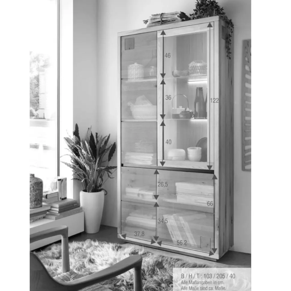 103x205x40 Vitrinenschrank aus Wildeiche Massivholz - Embleys