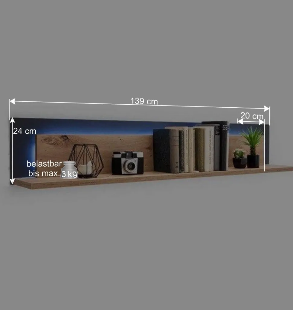 139x24x20 Wandboard in Eiche Dekor & Grau - Wykina
