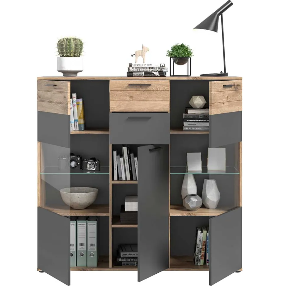 140x134x37 Wohnzimmerschrank Highboard mit Glas - Lucios
